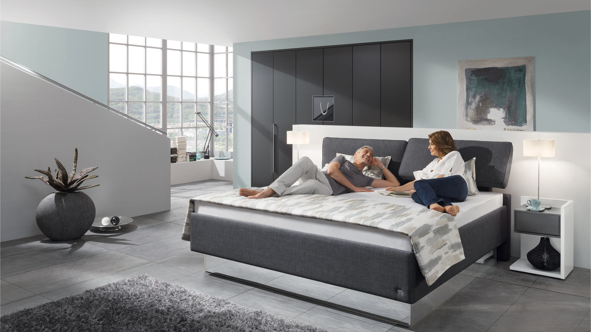 Hertel Mobel E K Gesees Abverkauf Ausstellungsstucke Ruf Comfortmaster Boxspringbett Ruf Betten Polsterbett Grauer Stoffbezug 6322 Liegeflache Ca 180 X 0 Cm